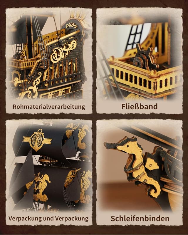 Detalle 2 de ROKR 3D Puzzle Holzbausatz The Seahorse Barque (MCB02) – Boot-Modell zum Selberbauen ohne Klebstoff