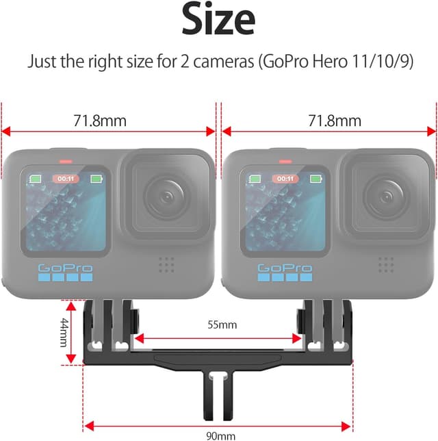 Detalle de HSU Aluminium Twin Dual Mount for GoPro – double adapter for Hero 13/12/11/10/9/8/7/6/5/4/3 & action cameras