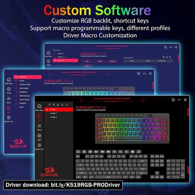 Detalle 2 de Redragon Wireless Gaming Keyboard (Tri-Mode Bluetooth/2.4GHz/USB-C) – 60% Mini RGB Macro Keyboard