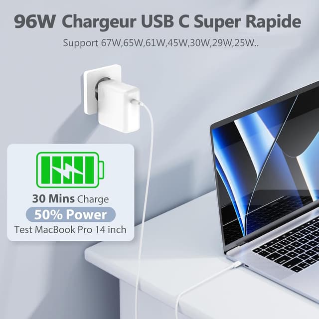 Detalle 2 de 96W USB-C Ladegerät für MacBook – Schnellladen mit 2m USB-C Ladekabel, kompatibel für MacBook Pro/Air, iPad & USB-C Geräte
