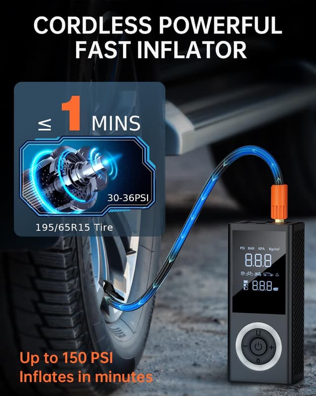 Detalle de Portable Tire Inflator Air Compressor (150 PSI) with Digital Gauge, LED Light, 12V Car Adapter & Storage Box