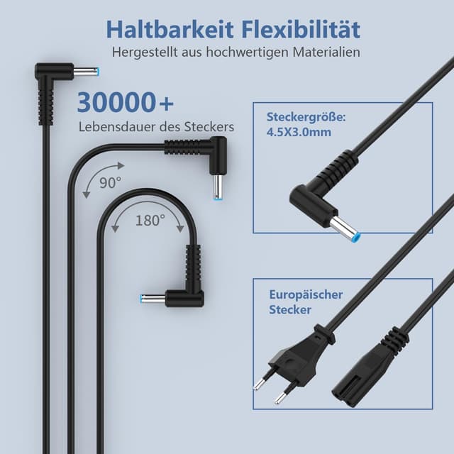 Detalle de 45-Watt Laptop-Ladekabel Netzteil für HP (u. a. Pavilion X360 / EliteBook / ProBook) – 4,5 x 3,0 mm, kompatibel mit 741727-001
