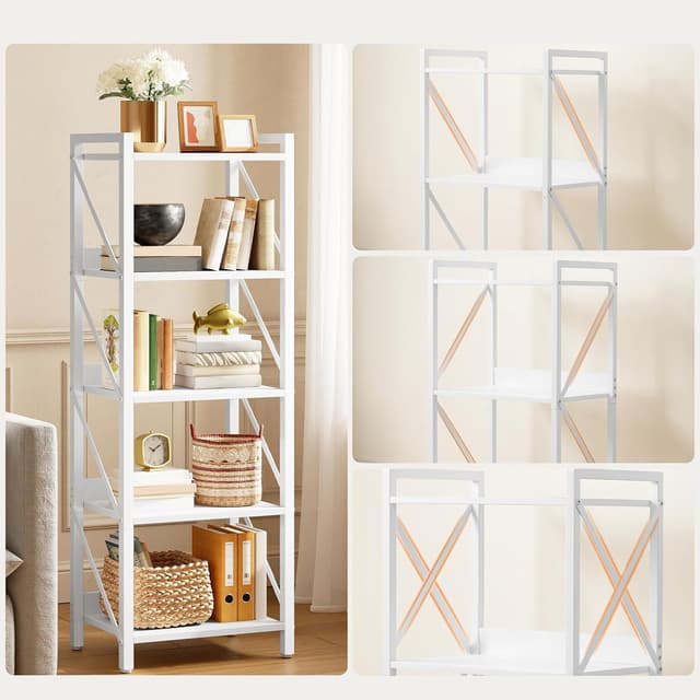 Detalle de HOOBRO scaffale angolare a 5 ripiani EWW73SJ01 in metallo e truciolato, libreria moderna da muro (bianco)