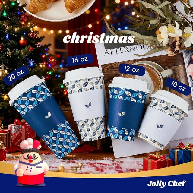 Detalle 2 de JOLLY CHEF 100-Pack 20 oz Disposable Coffee Cups (with Lids, Sleeves & Stirrers) – Blue Leaf and Grey Leaf