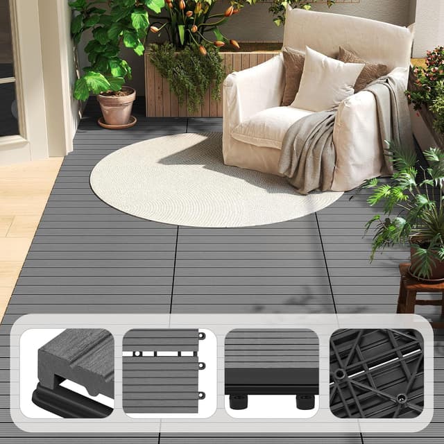 Detalle 2 de WOLTU WPC Fliese Terrassenfliesen Holz-Optik mit Klicksystem 30 x 60 cm, hellgrau (12 Stück / 2 m²)