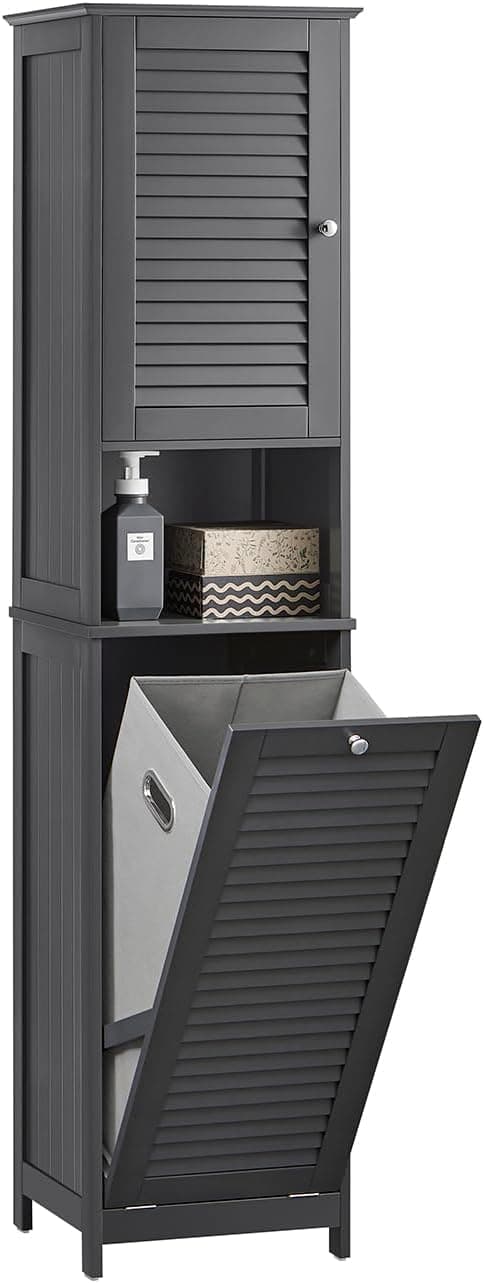 Detalle de SoBuy Meuble colonne avec panier à linge BZR124-DG, armoire étroite pour salle de bain ou WC (gris) 40x170x38 cm