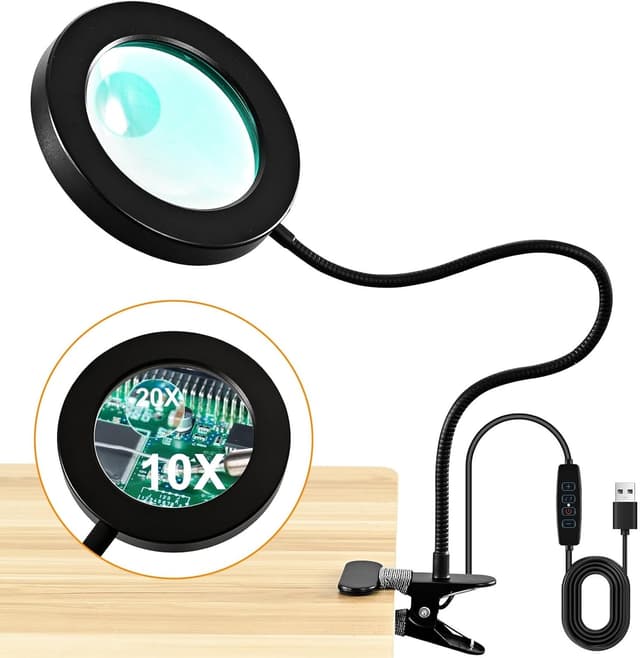 Detalle de 20X/10X Dual-lens Magnifying Glass with Light and Timer (2 in 1) – 3 colour modes desk lamp for close-up craft work