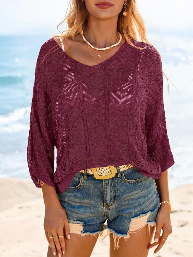 Detalle 2 de Saodimallsu Women’s Crochet Cover Up Top (Mesh, Off-Shoulder) — Summer 3/4 Sleeve Boho Swimsuit Coverup