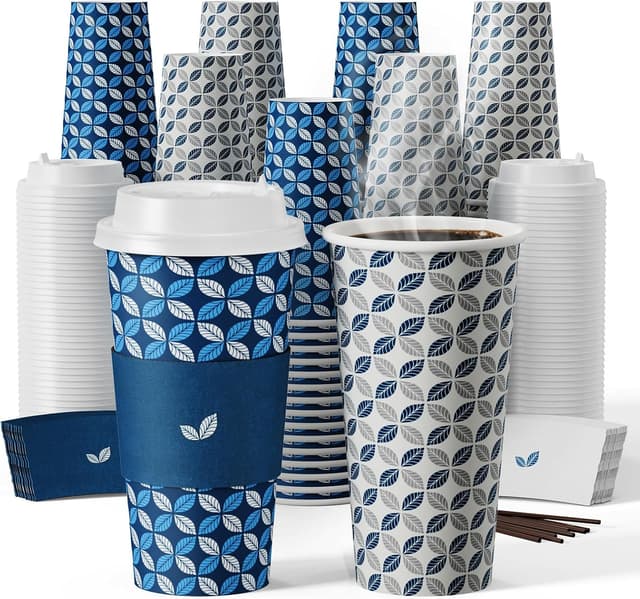 Detalle de JOLLY CHEF 100-Pack 20 oz Disposable Coffee Cups (with Lids, Sleeves & Stirrers) – Blue Leaf and Grey Leaf