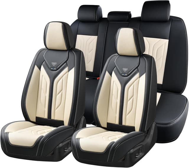 Detalle de Coverado Coverado Seat Covers Full Set (Leather Look) for Most Sedans, SUVs, Trucks—Black & Beige