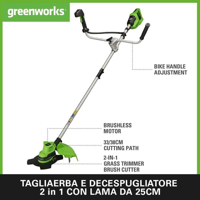 Detalle 2 de Greenworks GD24X2BCBK4x decespugliatore a batteria 48V (24V×2) brushless, con imbracatura e manubrio, taglio 38 cm, filo 2 mm