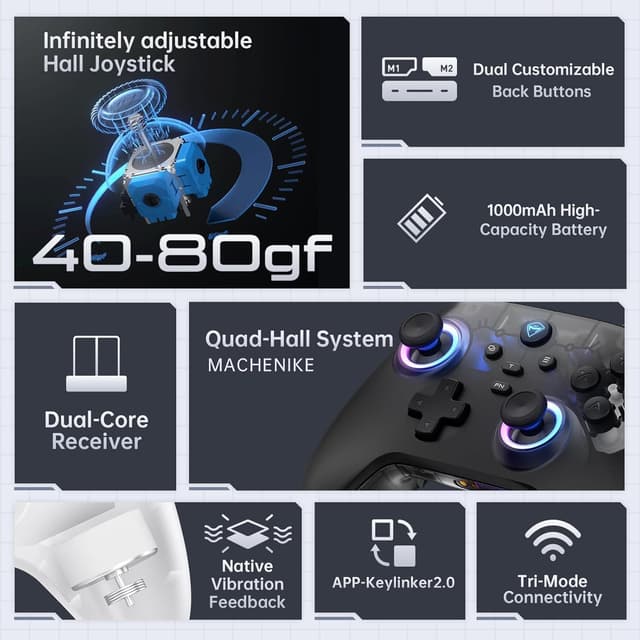 Detalle de Machenike G3V2 Wireless-Controller für den PC – 2 Hall-Effekt-Sticks, 2 zuschaltbare Tasten, 1000mAh Akku, RGB (G3V2)