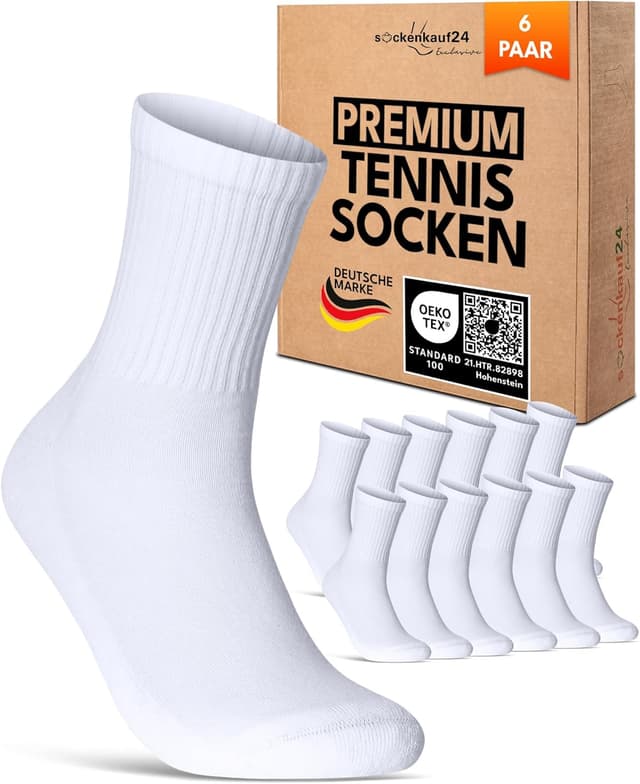 Detalle de sockenkauf24 Damen Tennissocken (6 Paar) – atmungsaktive Retro-Crew-Sportsocken mit verstärkter Ferse & Fußspitze