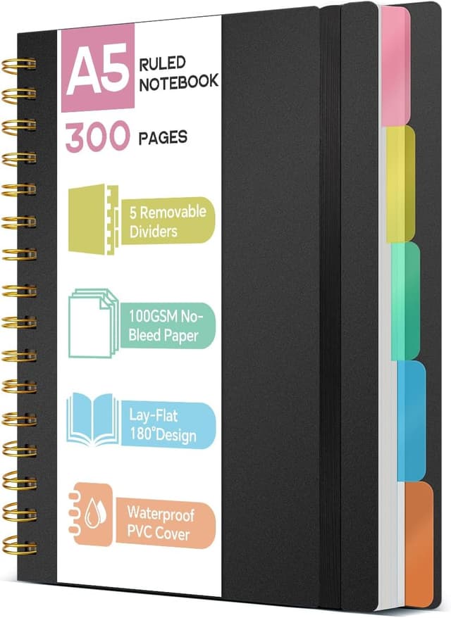 Detalle de ihaspoko A5 Notebook with Dividers (300 pages) – 100GSM spill-proof paper & PVC hard cover