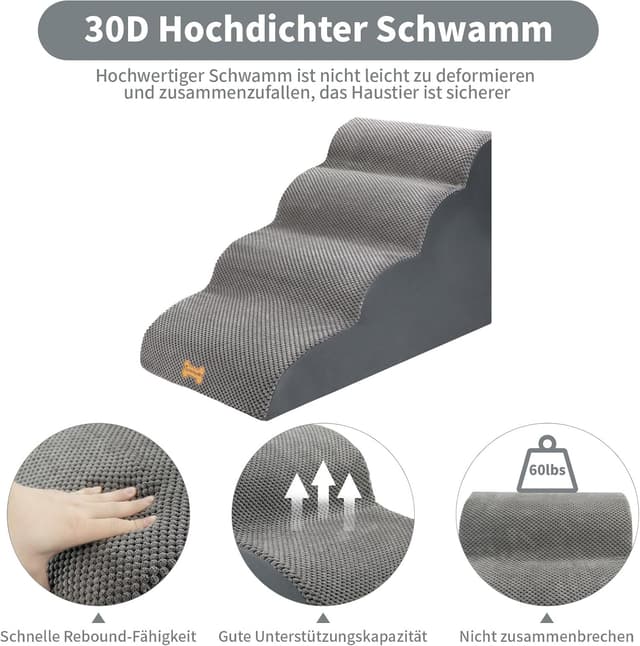 Detalle de Nepfaivy 4-stufige Hundetreppe für kleine Hunde – 75×50×40 cm, abnehmbarer & waschbarer Bezug, rutschfester Boden