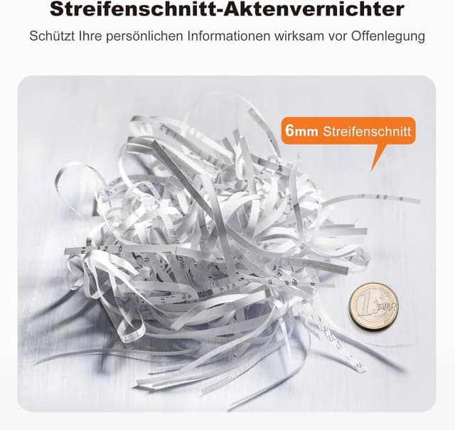 Thumbnail 6 de Bonsaii S123-A Aufsatz-Aktenvernichter (P2), Streifenschnitt für 6 Blätter, 9‑Liter Papierkorb