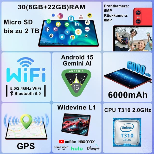 Detalle 2 de SKYEGG Android 15 Tablet 10 Zoll (Gemini AI) mit Tastatur & Maus, 30 GB RAM, 5G WLAN, Widevine L1 – Rot