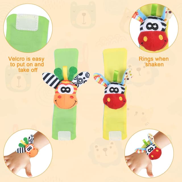 Detalle de Vicloon 4-teiliges Set Rasselsocken & Handgelenk-Rassel aus Plüsch (0–6/0–12 Monate)