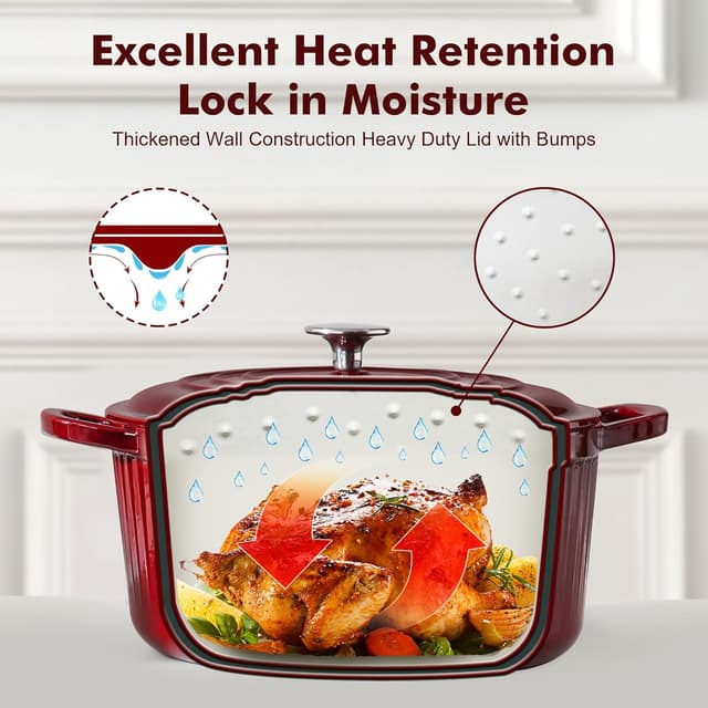 Detalle de SENSARTE Enameled Cast Iron Dutch Oven (5.5 Quart) Red with Lid, Dual Handles, Trivet & Cotton Potholders