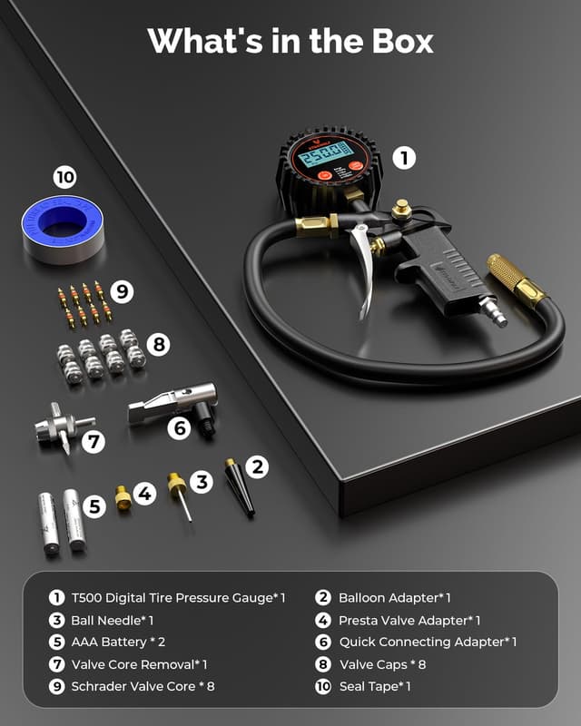 Detalle de ETENWOLF T500 Digital Tire Pressure Gauge with Inflator (0–250 PSI) — ANSI B40.7 Grade 2A