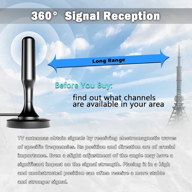 Detalle de Antenne TV intérieure puissante pour TNT (DVB-T2) – câble 2,5 m, base magnétique, compatible 4K/1080p