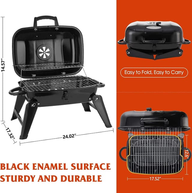Detalle de CUSIMAX 18-inch Portable Charcoal Grill & Smoker with Lid, Folding Tabletop, Black