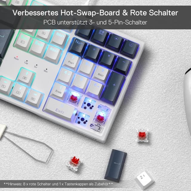 Detalle de Redragon K668 QWERTZ Gaming-Tastatur (105+4 Tasten) mit Hot-Swap, RGB und roten Schaltern