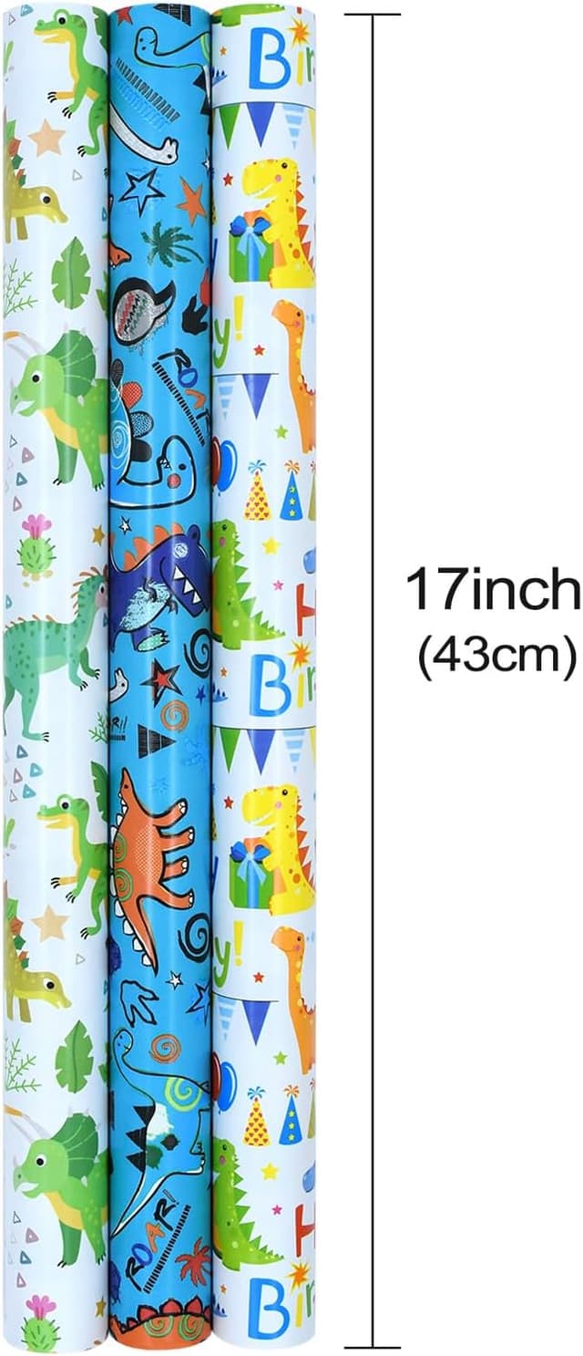 Detalle 2 de 3 Rolls Dinosaur Wrapping Paper (43cm x 3m) — Kids Recyclable Gift Wrap for Birthday, Baby Shower & Parties