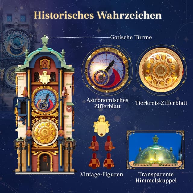 Detalle de PANTASY Prager Astronomische Uhr Klemmbaustein-Set – gotischer Uhrturm mit beweglichen astronomischen Zifferblättern