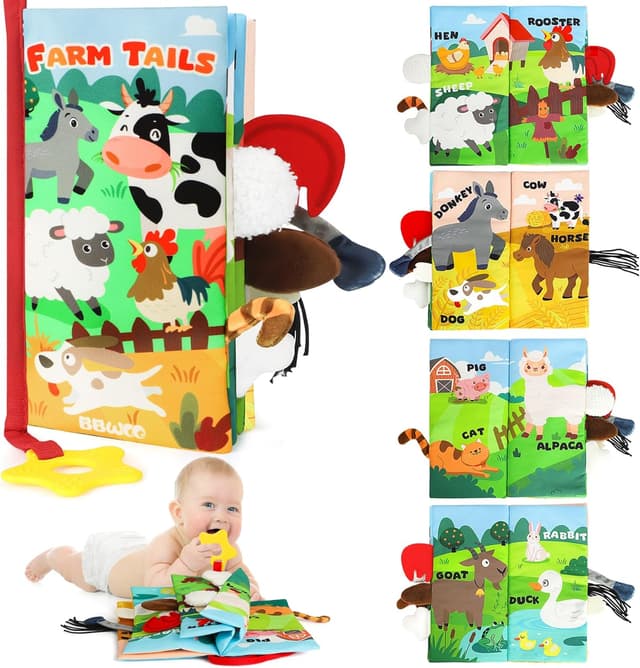 Detalle de BBWOO Babybuch mit Knister-, Stoff- und Fühl-Elementen – Quiet Book mit Beißring für Babys ab 0+ Monaten