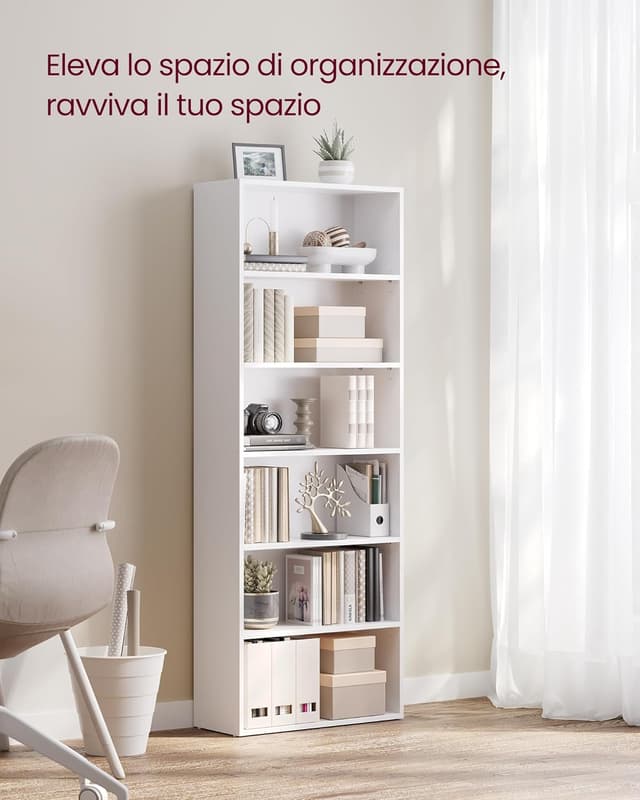 Detalle de VASAGLE Scaffale a 6 ripiani LBC166T14 in bianco nuvola, libreria portaoggetti con ripiani aperti e regolabili