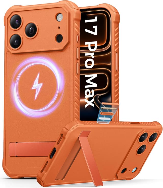 Detalle de ASAFCASE Magnetic iPhone 17 Pro Max Case with Built-in Stand & MagSafe Compatibility (Orange)