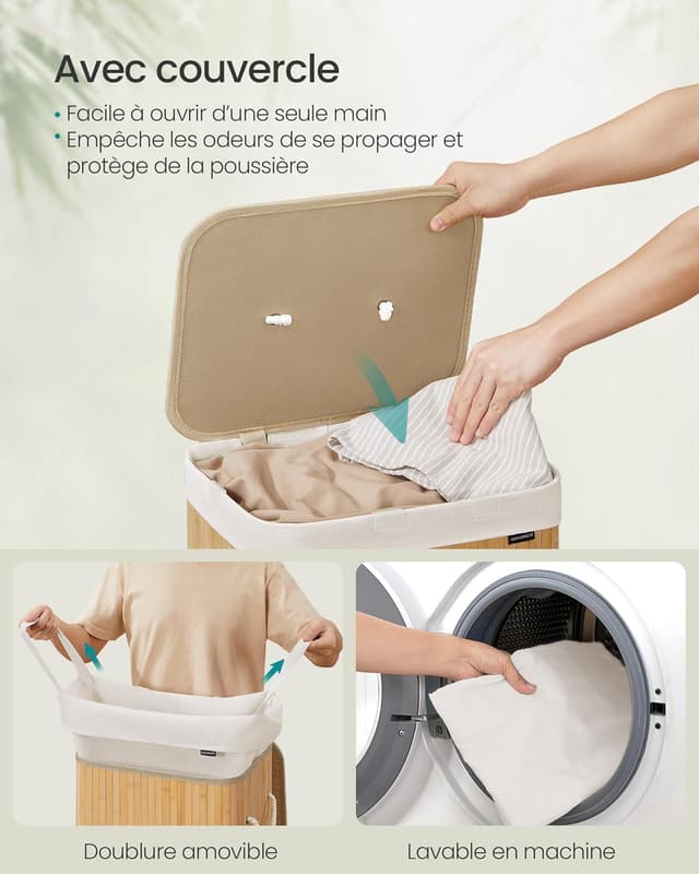 Detalle de SONGMICS LCB10Y – Panier à linge en bambou avec couvercle 72 L, pliable et sac amovible lavable