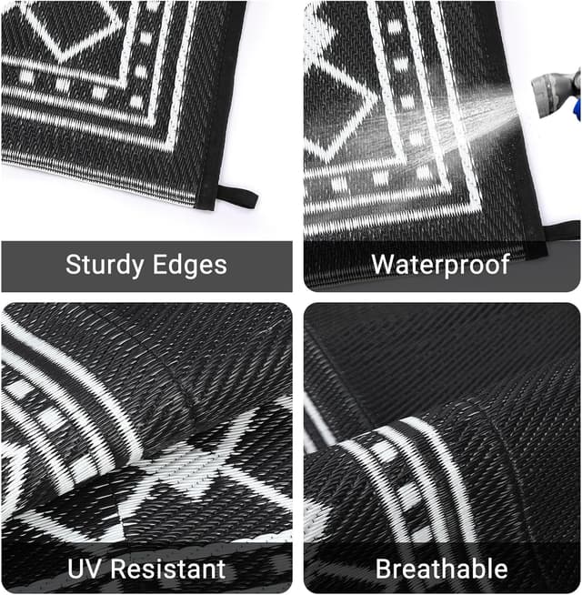 Detalle de CAROMIO Outdoor Rug 240 x 300 cm Reversible Waterproof Geometric Patio Mat (Black)
