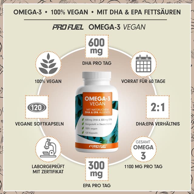 Detalle 2 de Omega‑3 Vegan Kapseln 120 Stück, 2000 mg Algenöl täglich