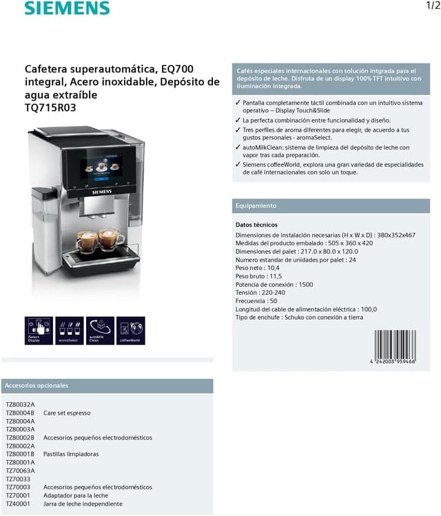 Thumbnail 11 de SIEMENS EQ700 - Cafetera Superautomática con Touch&Slide