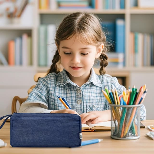 Detalle 2 de Boziee Oxford-Stoff Federmäppchen Mäppchen (dunkle Denim) – große Kapazität mit Doppelreißverschluss