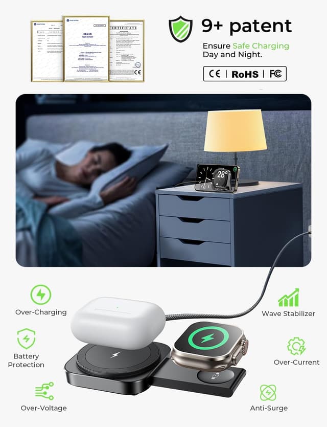 Detalle de LISEN Mini Cargador 3 en 1 Inalámbrico para iPhone y Apple Watch