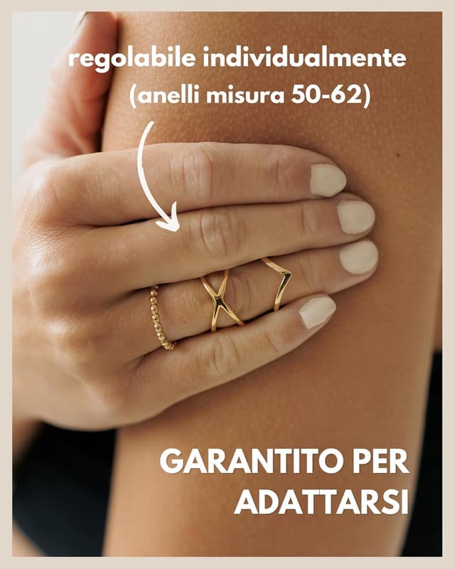 Detalle de GD GOOD.designs set di 3 anelli regolabili in acciaio inossidabile impilabili (argento, oro 18K, oro rosa) con scatola regalo