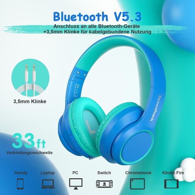 Detalle de Tonoshark Kinder Bluetooth Over-Ear Kopfhörer mit Noise Cancelling – 60h Spielzeit, Mikrofon & Tragetasche (Dunkelblau)