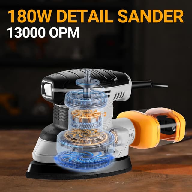 Detalle 2 de DEKOPRO Dreieckschleifer mit Absaugung 13000 RPM, 180 W – Deltaschleifer für Holz, Set mit 15 Schleifpapieren