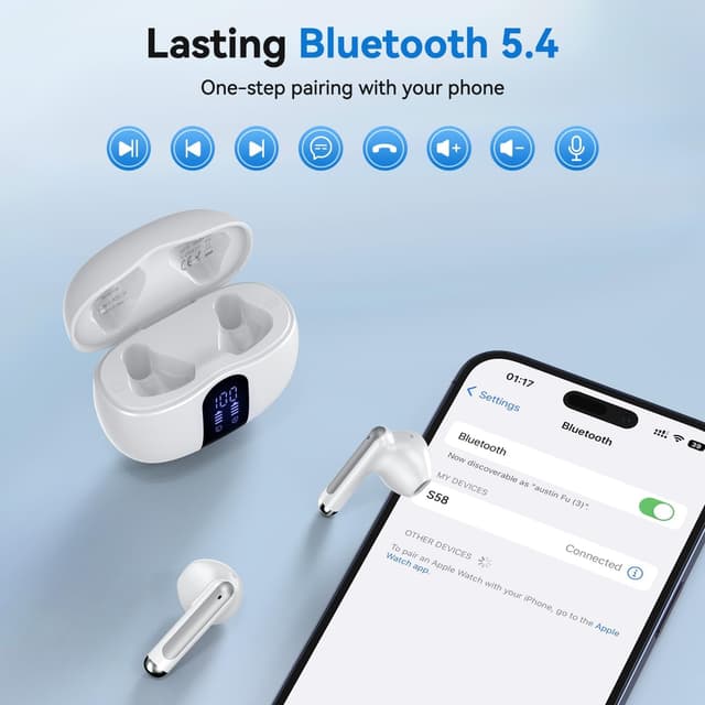 Detalle de JYUESJKJ Wireless Earbuds (Bluetooth 5.4) with 4 HD Mic, up to 50H playtime, IPX7