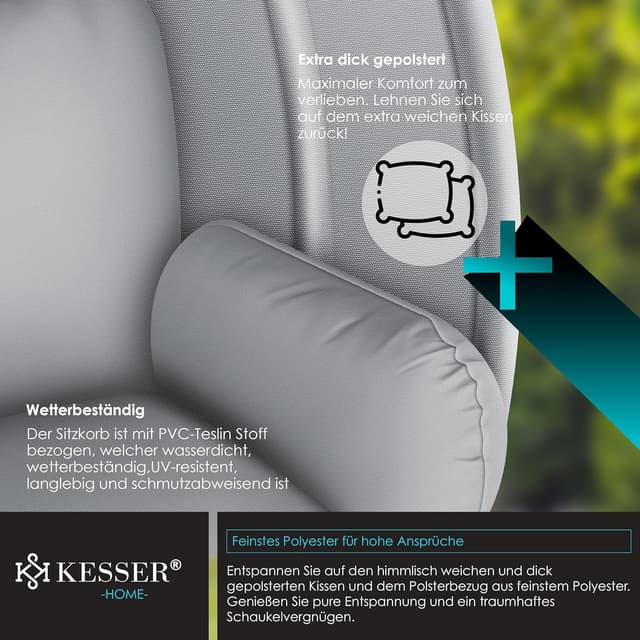 Detalle de KESSER® Luxe Hängesessel mit Gestell, Sitz- & Rückenkissen sowie Abdeckung – Indoor & Outdoor, bis 150 kg, grau