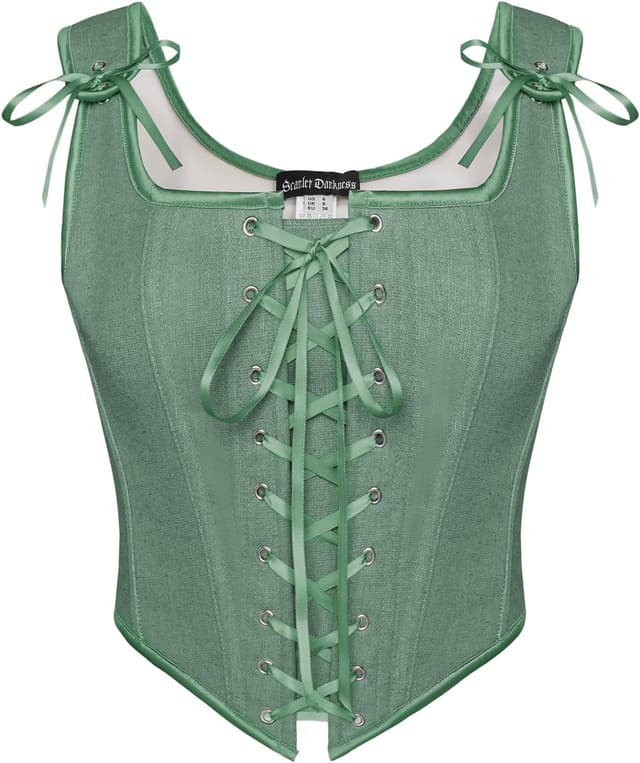 Detalle de SCARLET DARKNESS Damen Renaissance-Korsett „Darkness“ mit Vintage-Lacing und eckigem Ausschnitt