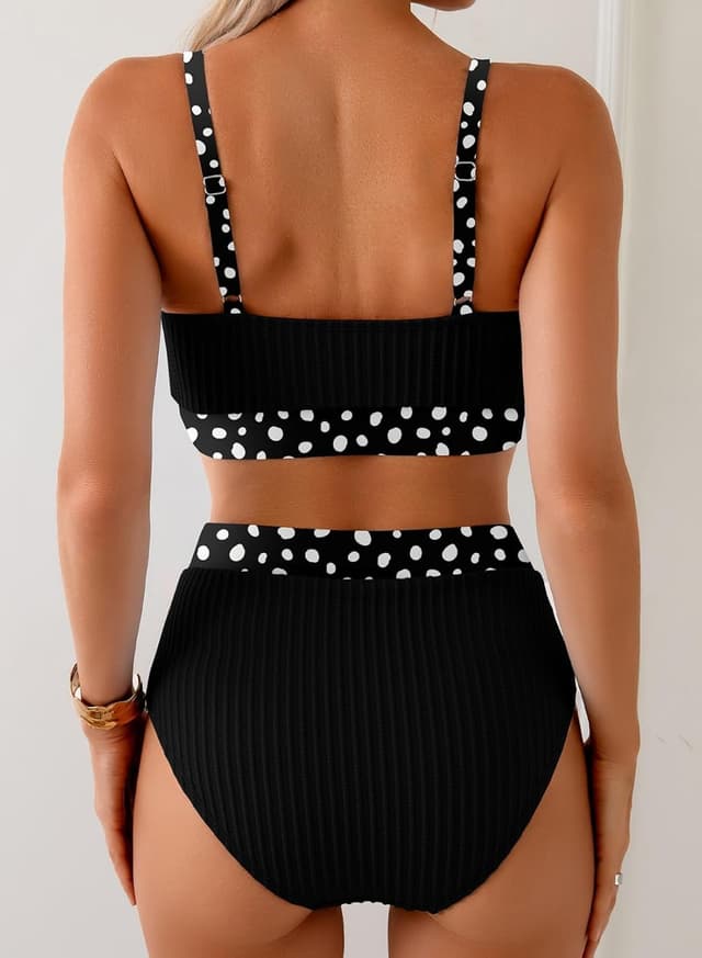 Detalle 2 de Herseas Women's Textured Bikini Set with Floral Print Trim (Scoop Neck, High-Waisted)