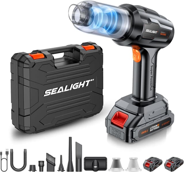 Detalle de SEALIGHT Handstaubsauger 35000 Pa mit 2 Akkus – kabelloser Auto-Staubsauger für Tierhaare & Sofa