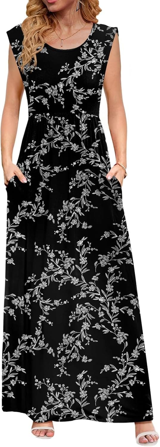 Detalle de DB MOON Women’s 2026 Empire Waist Maxi Dress with Pockets (Cap Sleeve Sundress)