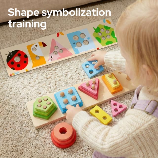 Detalle de lalalark Montessori wooden sorting & stacking toy set for 1–3 year olds