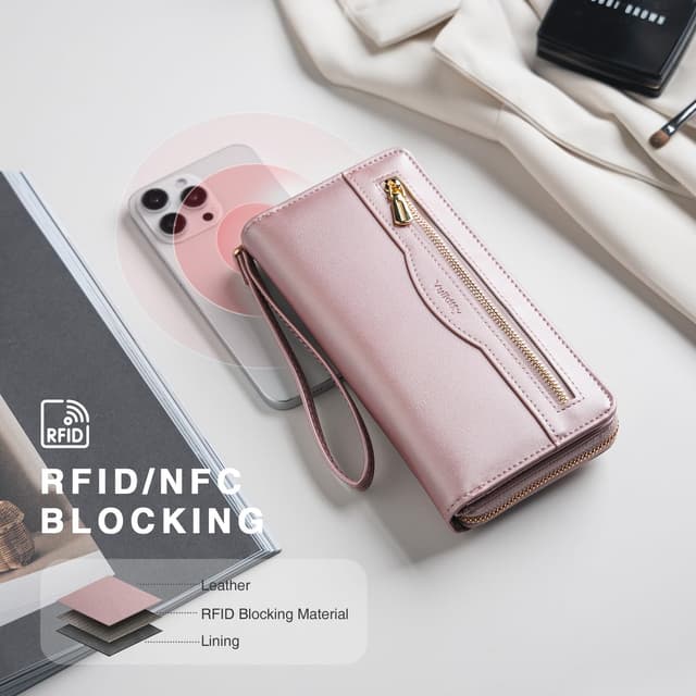 Detalle de Vulkitty grand portefeuille RFID pour femme en cuir végane rose brillant avec dragonne