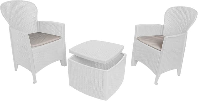 Detalle 2 de Set salotto da esterno Napoli di Dmora: 2 poltrone + tavolino contenitore effetto rattan bianco